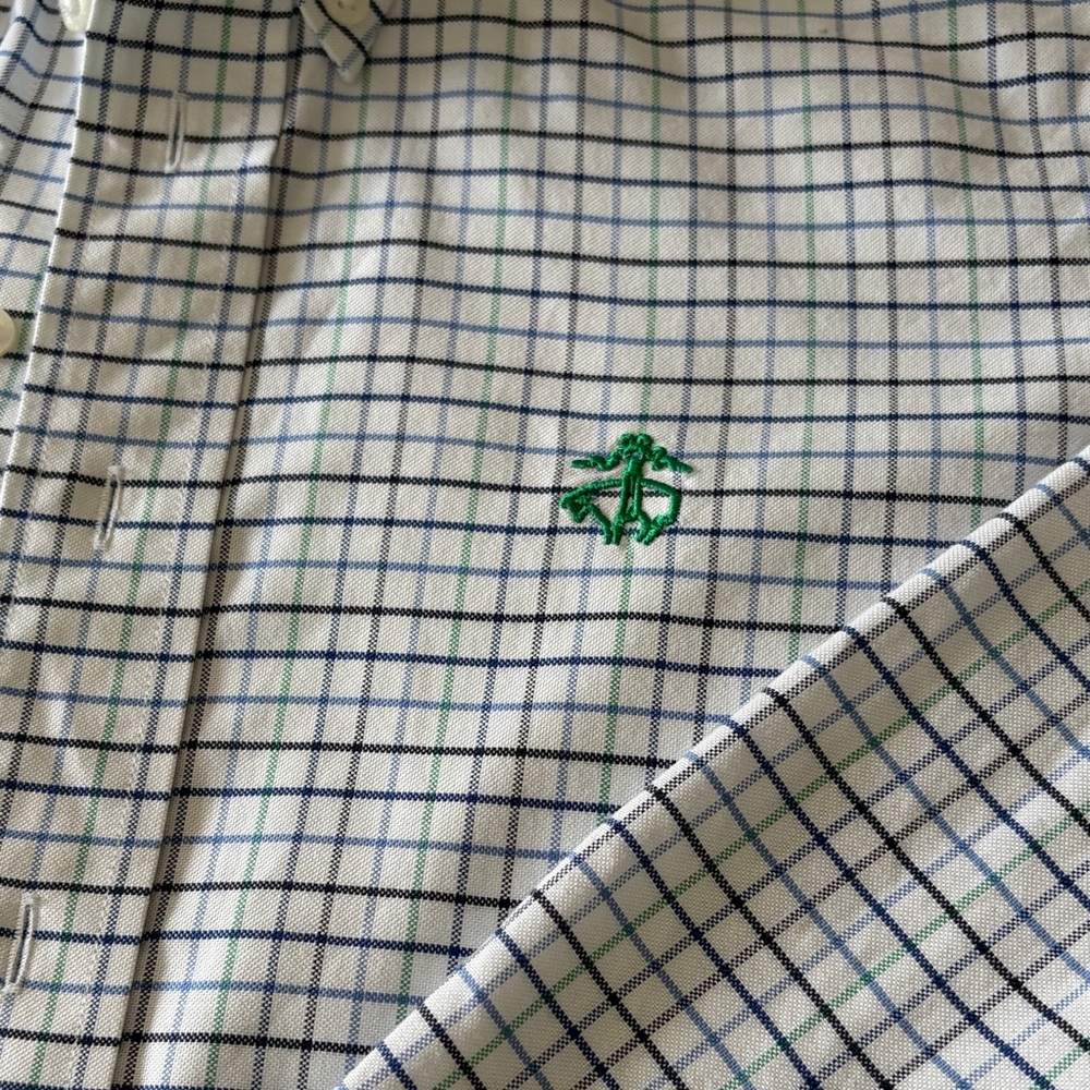Brooks Brothers White Shirt with Blue and Green Windowpane Check